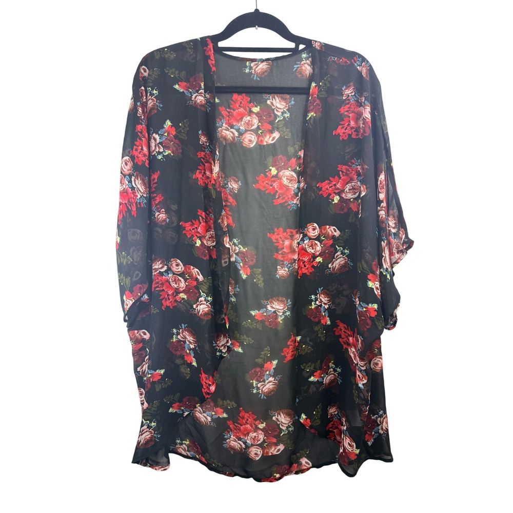 Women's Floral Kimono Wrap Sheer Black Red Rose Print Coverup Sz XL Beachy Boho